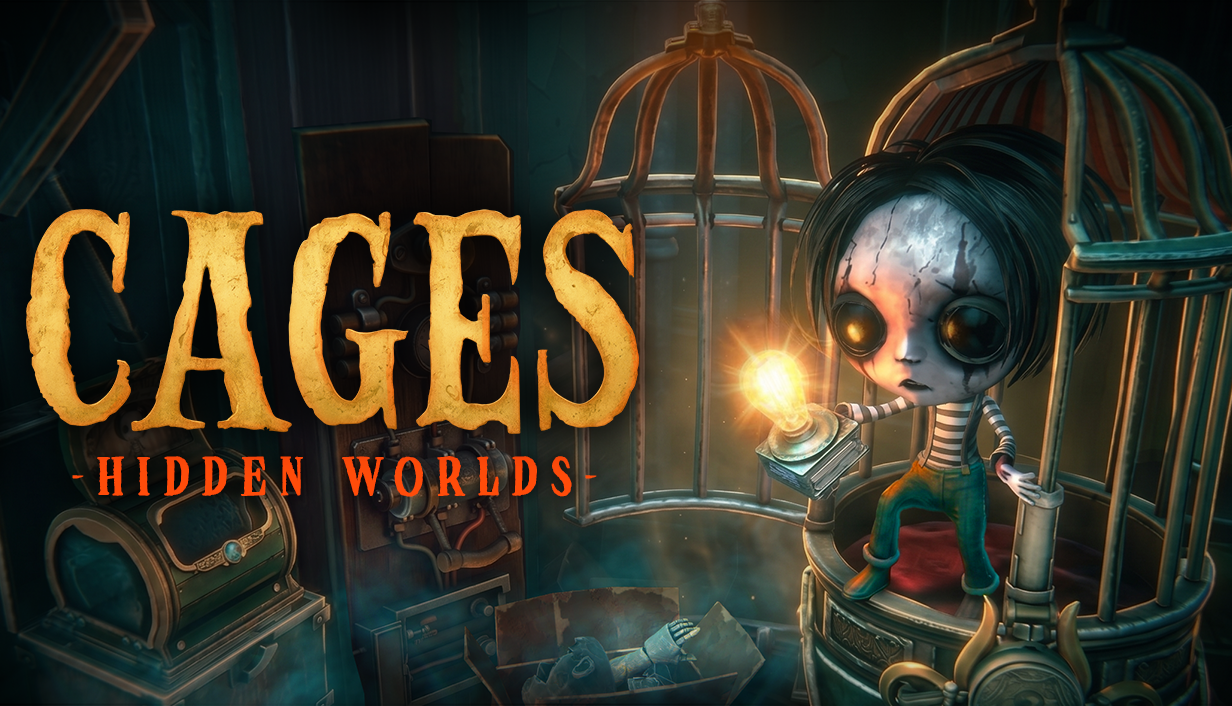 Cages: Hidden Worlds — a porcelain-faced girl sits atop an ornate birdcage, holding a glowing lightbulb